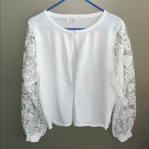 EXCELLENT CONDITION MILANO WHITE CARDIGAN WITH LACE/PEARL SLEEVES SIZE XL - Picture 1 of 8